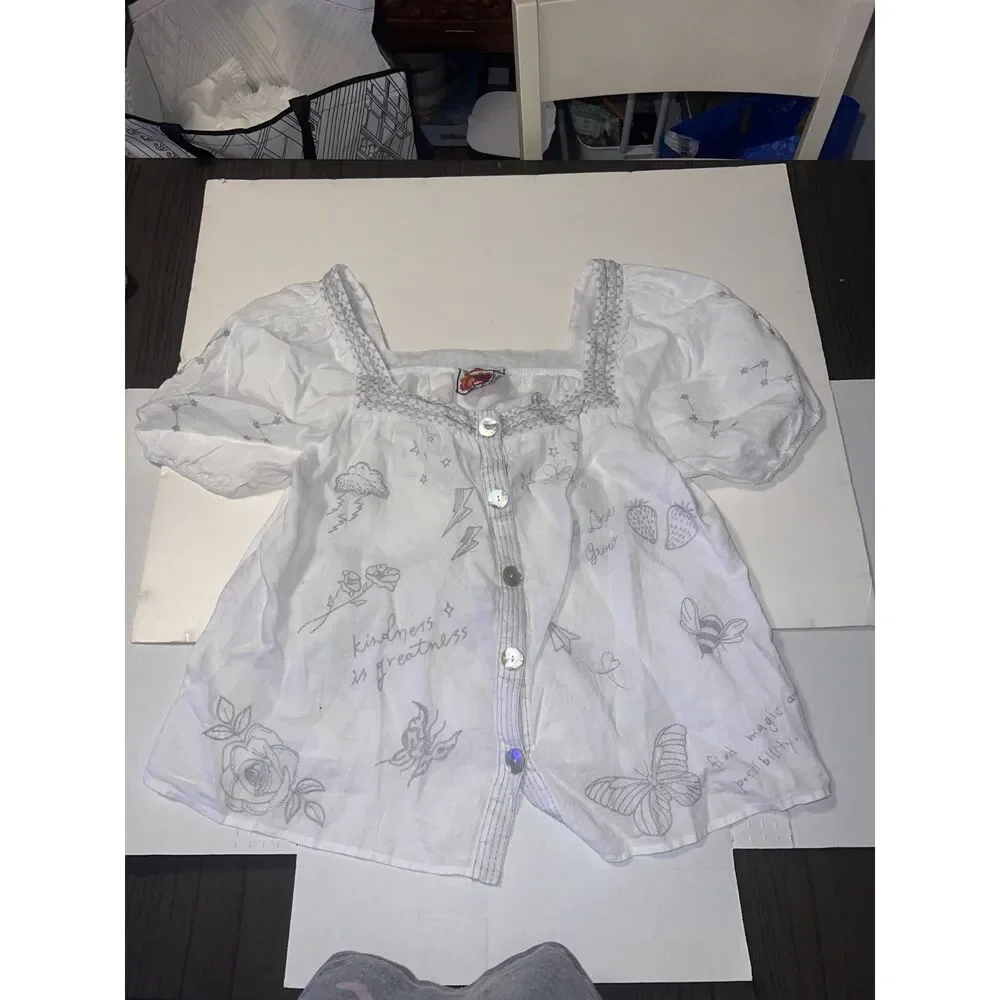 Johnny Was Sovanna Wander Embroidered Linen Top White Square Neck Blouse